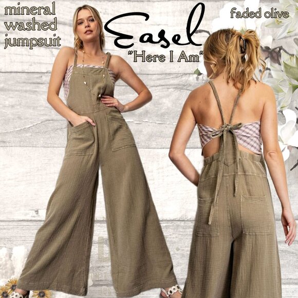 easel Pants - EASEL "Here I Am" Mineral Washed Wide Leg Jumpsuit Adjustable Tie Straps Pockets